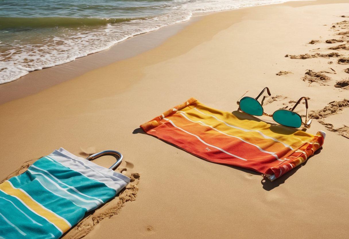 A serene beach setting with soft waves lapping at the shore, featuring colorful and stylish swimwear displayed on a sun-soaked towel. In the background, a digital padlock symbol subtly overlays the scene, representing online safety for adult content. The atmosphere is inviting yet empowering, evoking a sense of protection and confidence. Bright sunlight casts playful shadows, highlighting the swimwear and the digital elements. super-realistic. vibrant colors. beach aesthetic.