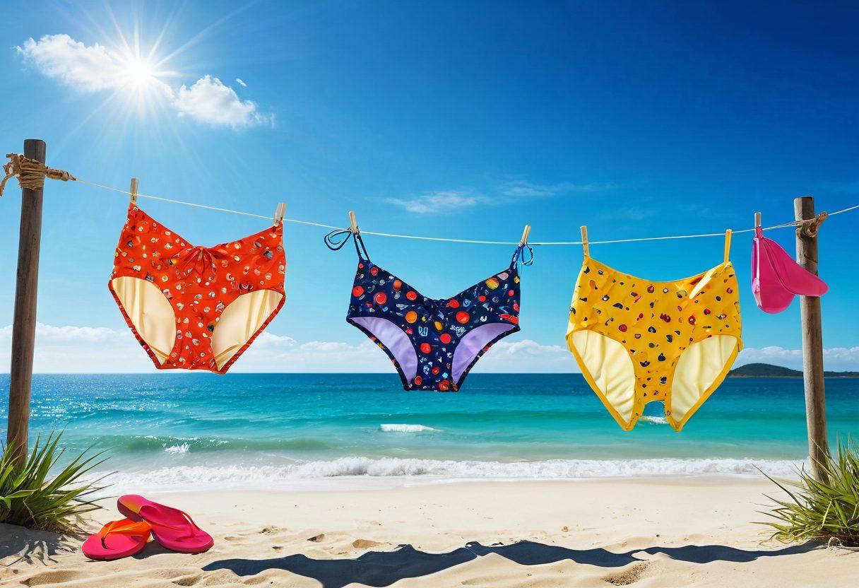 A whimsical beach scene featuring a vibrant array of colorful swimwear and delicate lingerie hanging on a clothesline, with a digital lock symbol gently floating in the air. The background should include a serene ocean and a sunny sky, invoking a sense of security and style. Incorporate elements of technology like circuit patterns or pixelated graphics subtly integrated into the sand. creative illustration. bright colors. flat design.