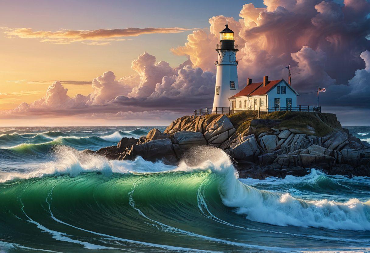 A serene ocean scene depicting waves incorporating digital elements like binary code and padlocks, symbolizing cybersecurity in the adult media industry. In the foreground, a lighthouse shines light on the turbulent waters, representing guidance and protection. Soft pastel colors blend with vibrant digital hues to create a harmonious yet dynamic atmosphere. The composition should reflect a balance between sensuality and security, leaving a lasting impression. super-realistic. vibrant colors. 3D.